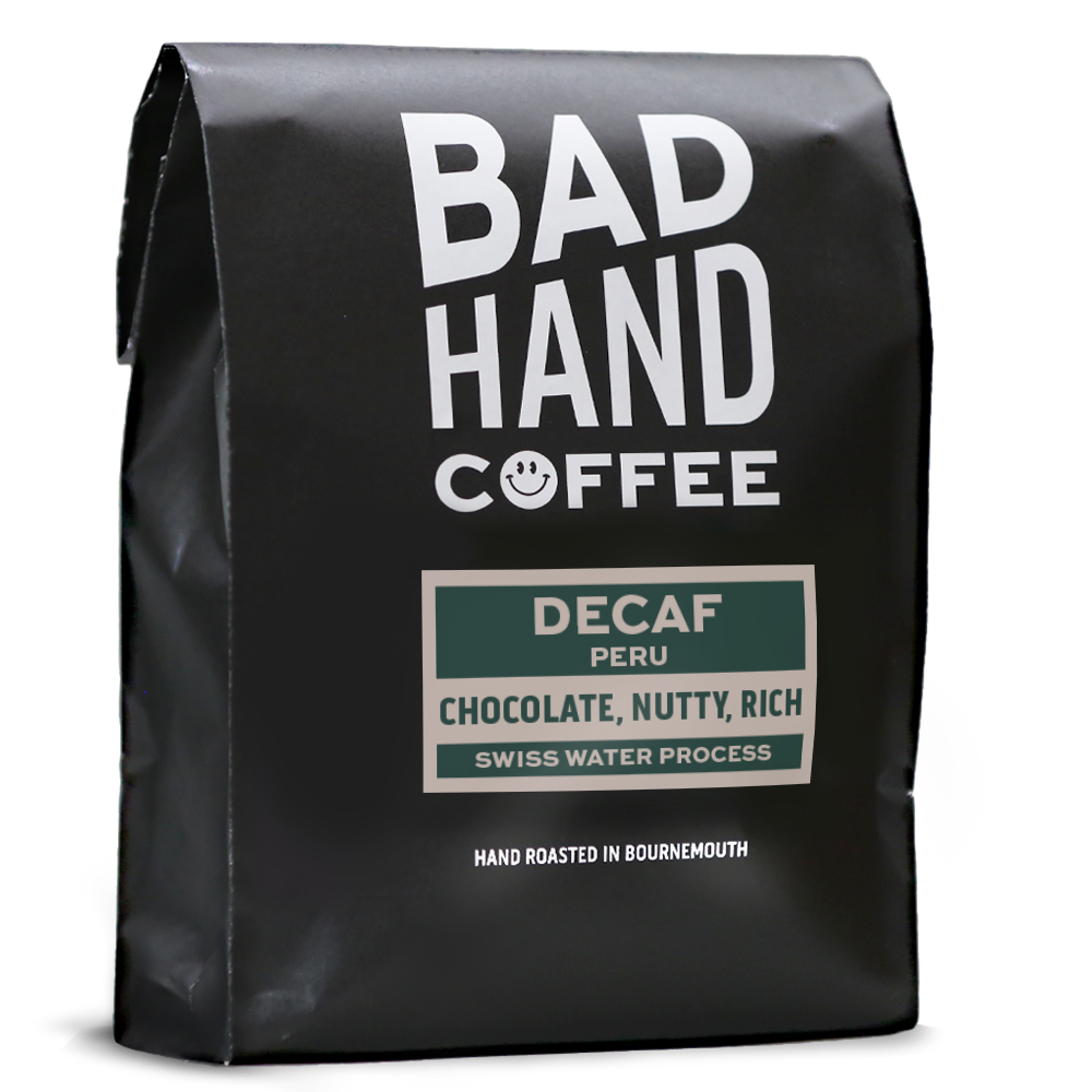 Bad Hand Decaf Coffee, speciality coffee, sold in 250g or 1kg as whole beans or ground to your brew method.