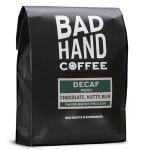 Bad Hand Decaf Coffee, speciality coffee, sold in 250g or 1kg as whole beans or ground to your brew method.