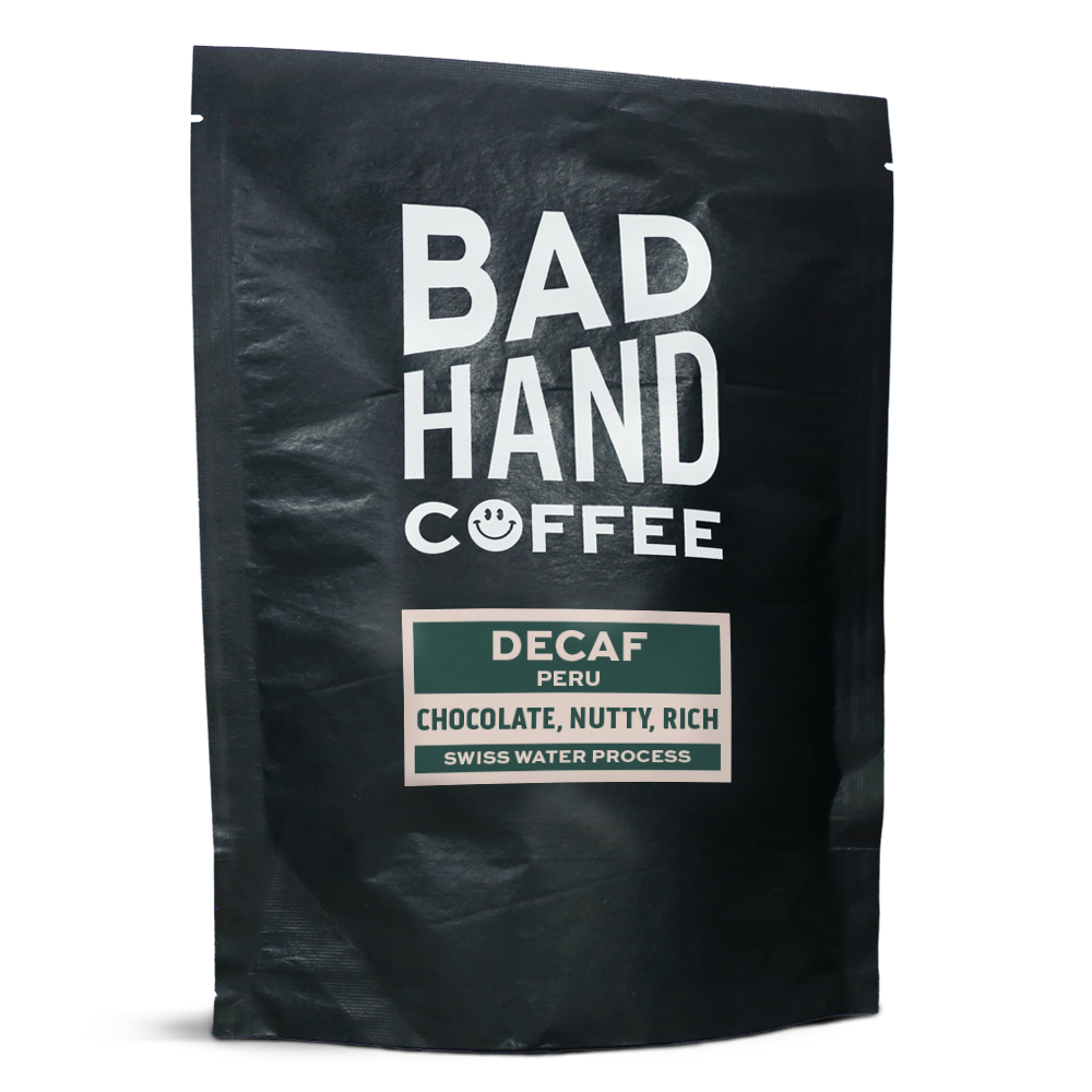 Two fifty gramme postal bag of decaf from Peru, decaffeinated using the Swiss water process - taste notes: chocolate, nutty, rich. Roasted fresh to order from Bad Hand Coffee. Available as whole bean or we can grind it to suit your home brew method. These bags are 100% paper and home compostable. 