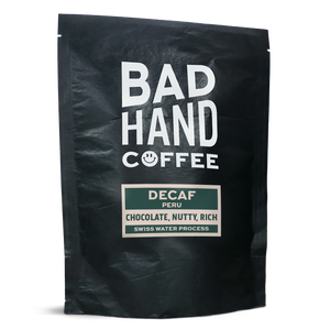 Two fifty gramme postal bag of decaf from Peru, decaffeinated using the Swiss water process - taste notes: chocolate, nutty, rich. Roasted fresh to order from Bad Hand Coffee. Available as whole bean or we can grind it to suit your home brew method. These bags are 100% paper and home compostable. 