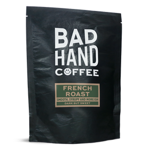 Two fifty gramme postal bag of French Roast - taste notes: smooth, syrupy and moreish. Roasted dark and fresh to order from Bad Hand Coffee. Available as whole bean or ground to your home brew method. These bags are 100% paper and home compostable. 