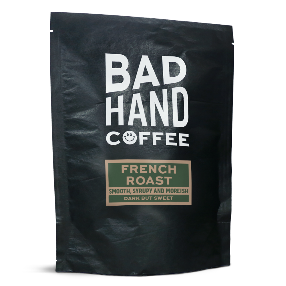 Two fifty gramme postal bag of French Roast - taste notes: smooth, syrupy and moreish. Roasted dark and fresh to order from Bad Hand Coffee. Available as whole bean or ground to your home brew method. These bags are 100% paper and home compostable. 