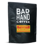 Two fifty gramme postal bag of Morning Glory high caffeine blend - taste notes: big, bold and juicy. Roasted fresh to order from Bad Hand Coffee. Available as whole bean or ground to your home brew method. These bags are 100% paper and home compostable. 