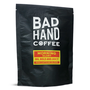 Two fifty gramme subscription postal bag of Morning Glory high caffeine blend - taste notes: big, bold and juicy. Roasted fresh to order from Bad Hand Coffee. Available as whole bean or ground to your home brew method. These bags are 100% paper and home compostable. 