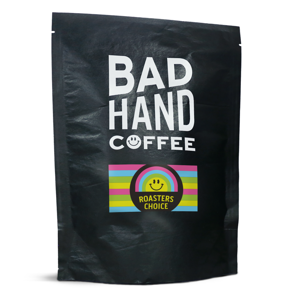 Two fifty gramme postal bag of Roaster’s Choice. Roasted fresh to order from Bad Hand Coffee. Available as whole bean or ground to your brew method. These bags are 100% paper and home compostable.