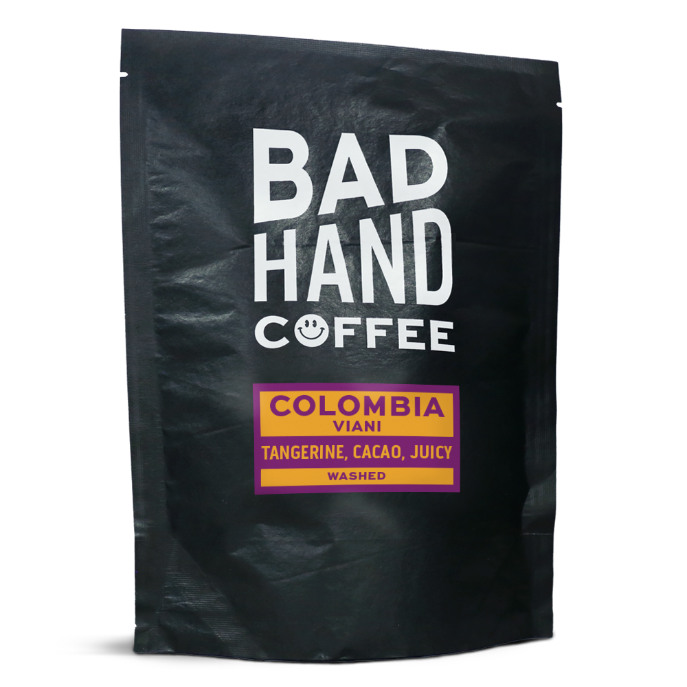 250 gram bag of Columbia Viani, single origin coffee, delivered whole bean or ground to your home brew method, from Bad Hand Coffee Roastery in Bournemouth.