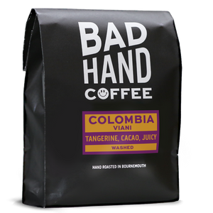 1 kilogram bag of Columbia Viani, single origin coffee, delivered whole bean or ground to your home brew method, from Bad Hand Coffee Roastery in Bournemouth.