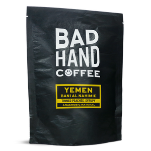 Two fifty gramme postal bag of single origin from Yemen, taste notes: tinned peaches, syrupy. Roasted fresh to order from Bad Hand Coffee. Available as whole bean or we can grind it to suit your home brew method. These bags are 100% paper and home compostable. 