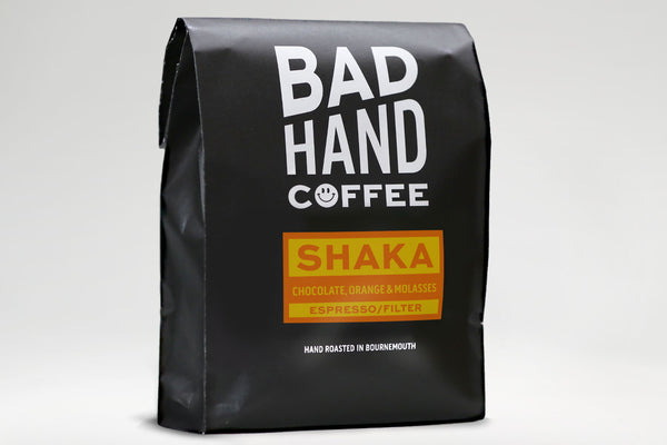 Bad Hand Coffee - One kilogram bag of Shaka, our house espresso filter blend - taste notes: chocolate, orange and molasses. Hand roasted and fresh to order. Available as whole bean or ground to your brew method.