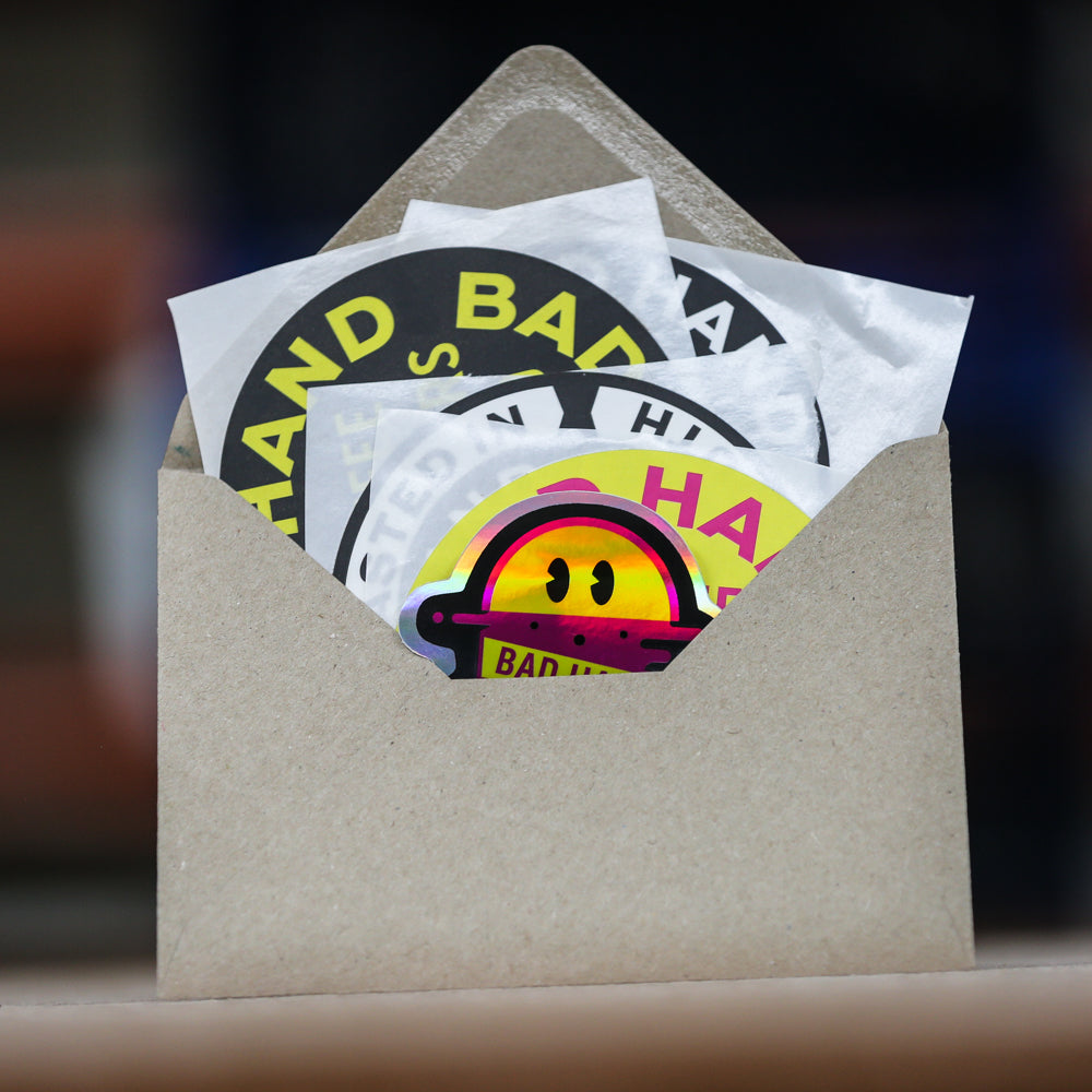 Bad Hand Coffee sticker pack, contains five waterproof stickers of various styles.