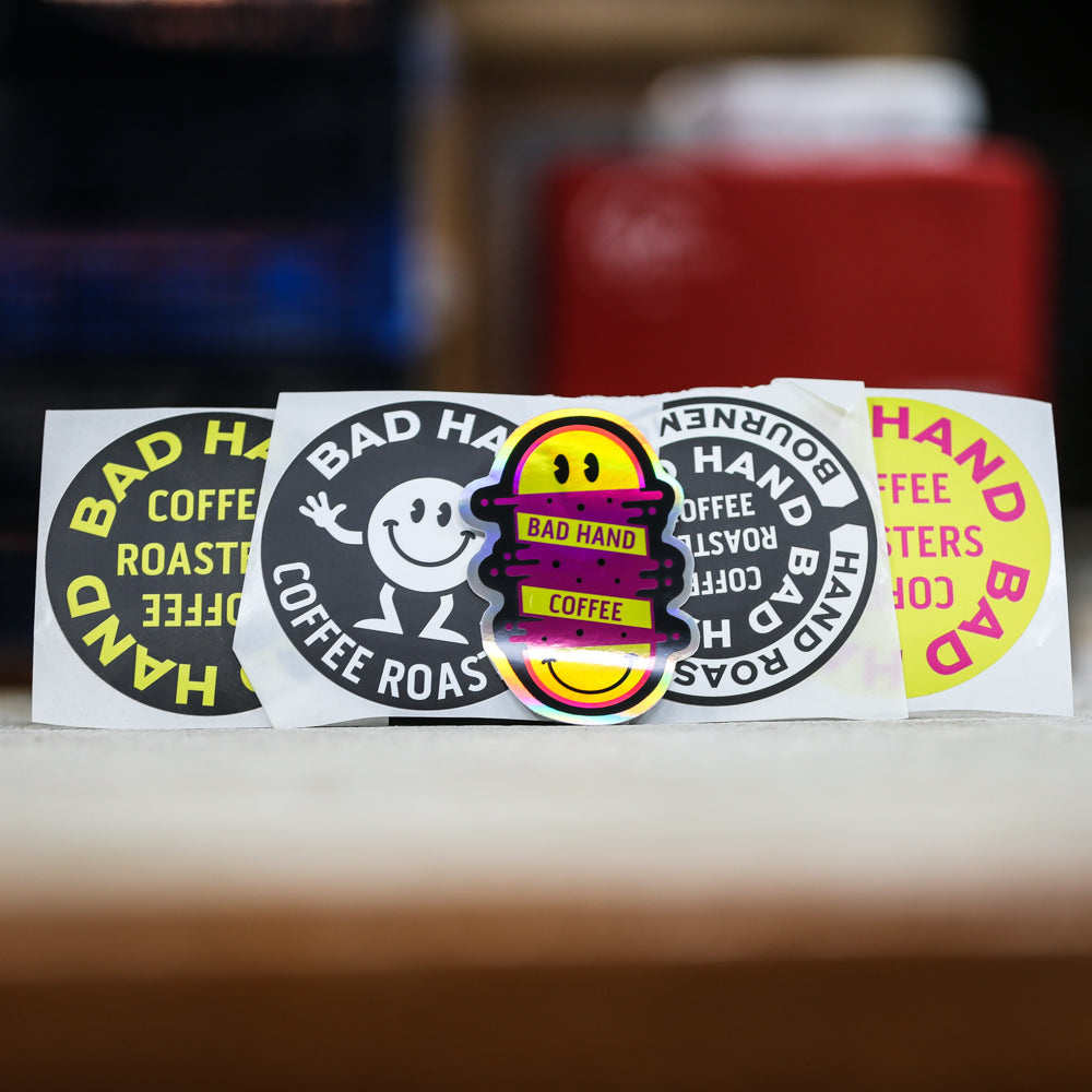 Showing all five stickers from the bad hand coffee sticker pack.