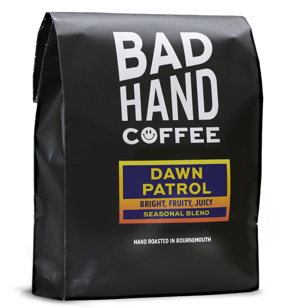One kilogram bag of Dawn Patrol, a seasonal blend - taste notes: bright, fruity, juicy. Roasted fresh to order from Bad Hand Coffee. Available as whole bean or ground to your brew method.
