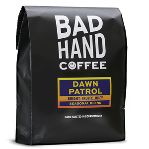 One kilogram bag of Dawn Patrol, a seasonal blend - taste notes: bright, fruity, juicy. Roasted fresh to order from Bad Hand Coffee. Available as whole bean or ground to your brew method.