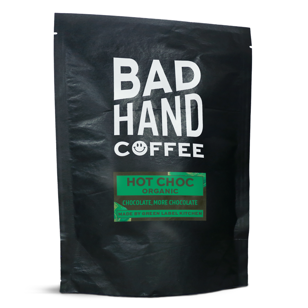 Green Label Kitchen organic hot chocolate by bad hand coffee, sold in 250g