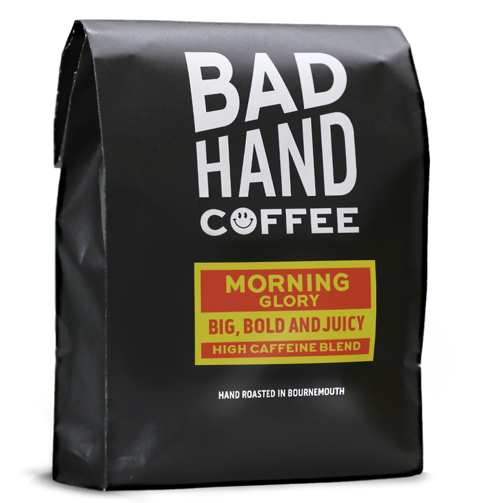 One kilogram bag of Morning Glory high caffeine blend - taste notes: big, bold and juicy. Roasted fresh to order from Bad Hand Coffee. Available as whole bean or ground to your home brew method.