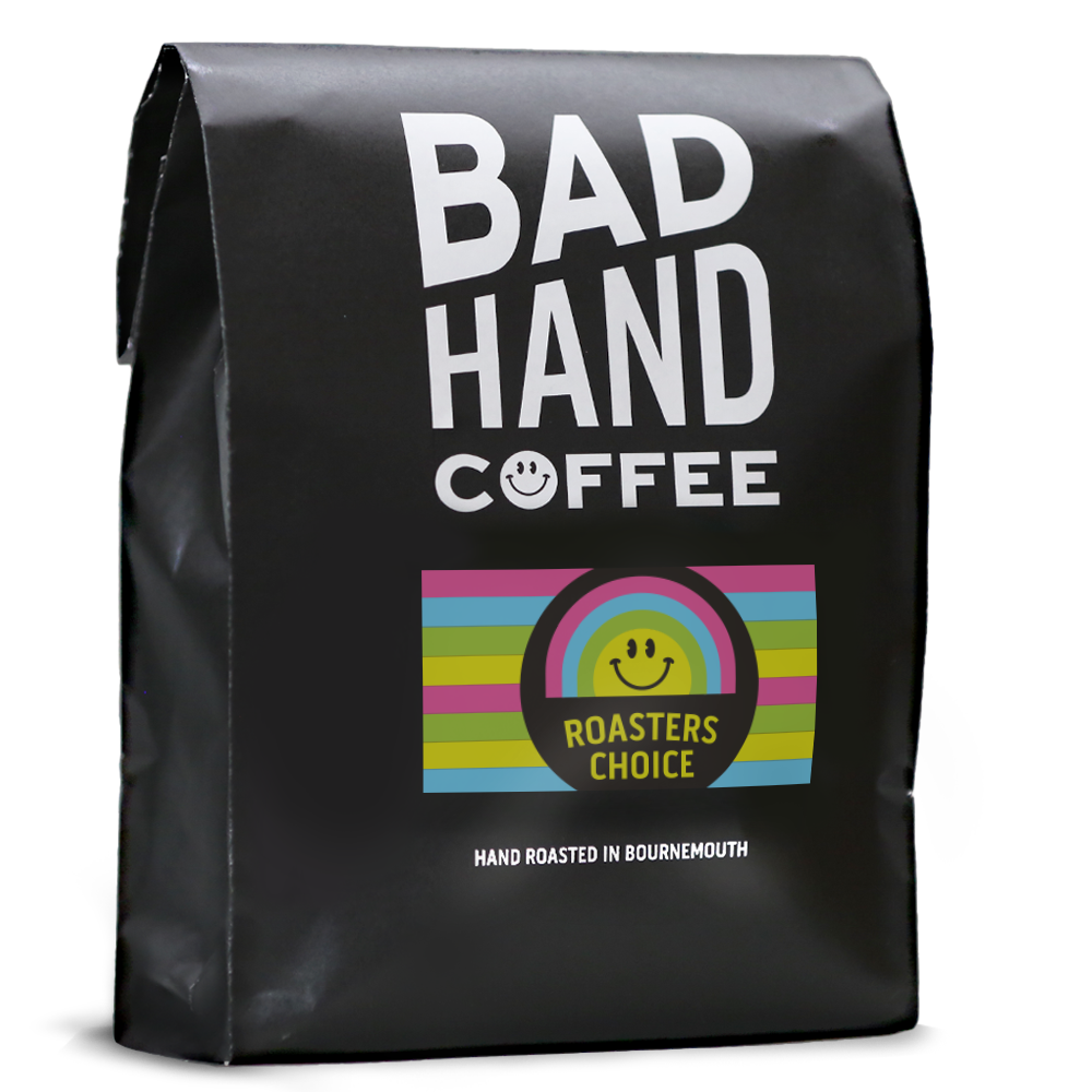One kilogram bag of Roaster’s Choice. Roasted fresh to order from Bad Hand Coffee. Available as whole bean or ground to your brew method. These bags are 100% paper and home compostable.