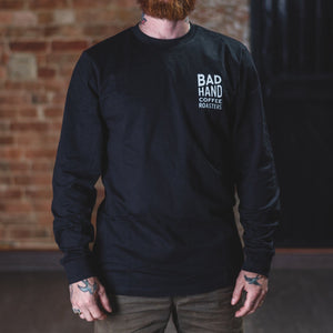 bad hand coffee long sleeve t-shirt. black t-shirt with white print. organic