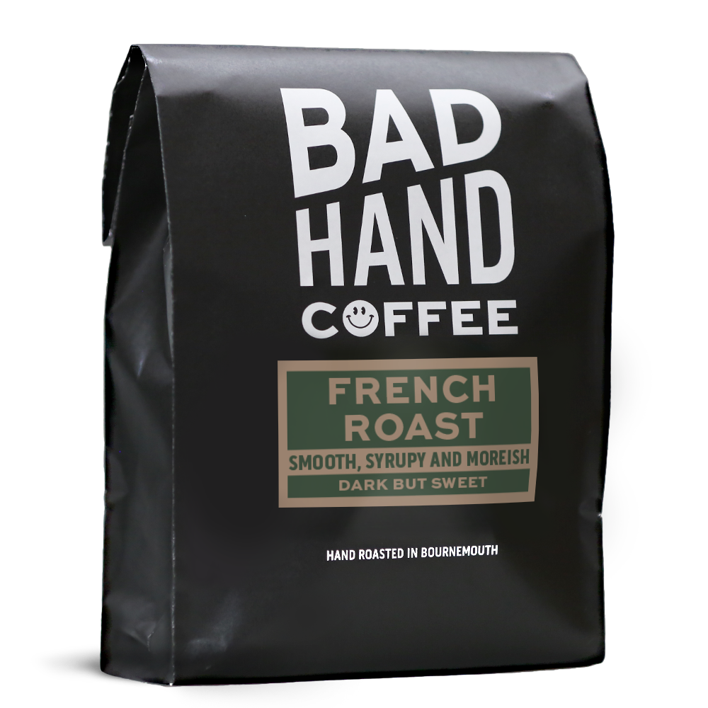 One kilogram bag of French Roast - taste notes: smooth, syrupy and moreish. Roasted dark and fresh to order from Bad Hand Coffee. Available as whole bean or ground to your home brew method.