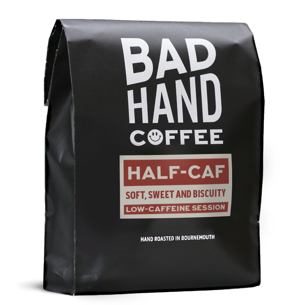 One kilogram  bag of Half-Caf, low caffeine session coffee - taste notes: soft, sweet and biscuity. Roasted fresh to order from Bad Hand. Available as whole bean or ground to your home brew method.